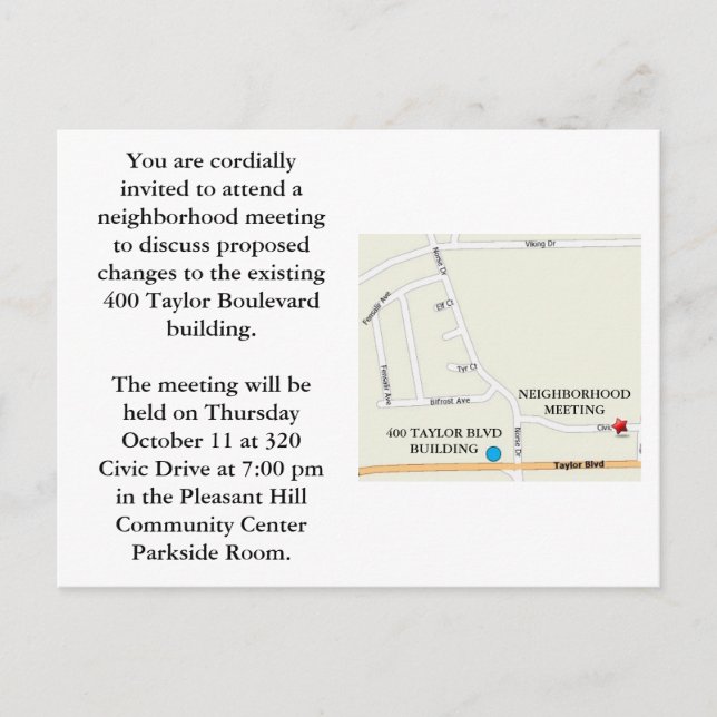 Neighborhood Meeting Invitation Postcard (Front)