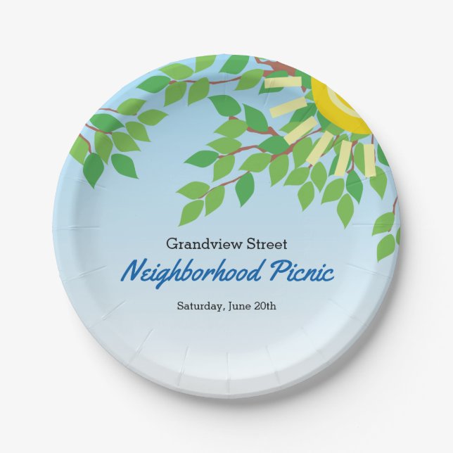 Neighborhood Picnic Green Leaves and Sun Paper Plates (Front)