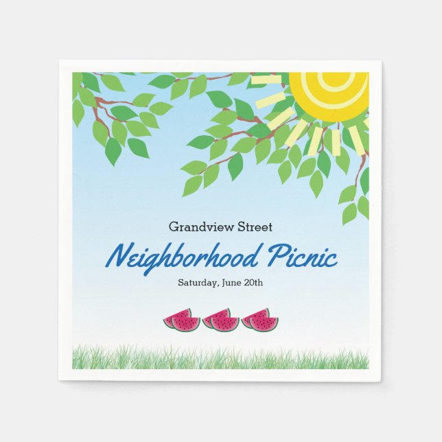 Neighborhood Picnic with Watermelon & Sun Napkins (Front)