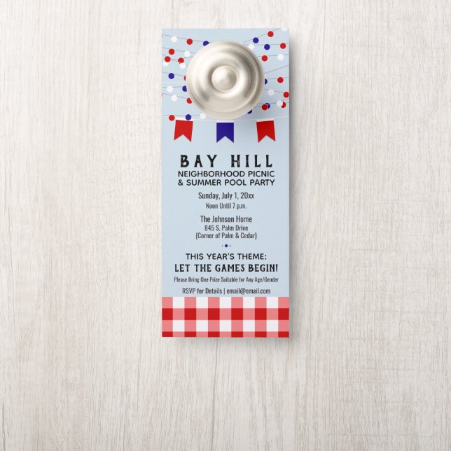 Neighborhood Summer Picnic & Pool Party Invitation Door Hanger (On Knob)