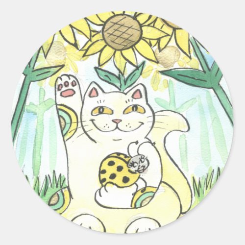 Neko Cat with The Lucky Ladybug Ms Sunflower Classic Round Sticker