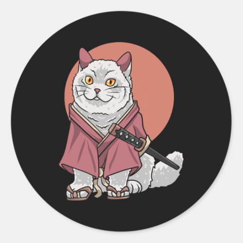 Neko Japanese Cat Samurai Cat Kawaii Kitty Kitten  Classic Round Sticker