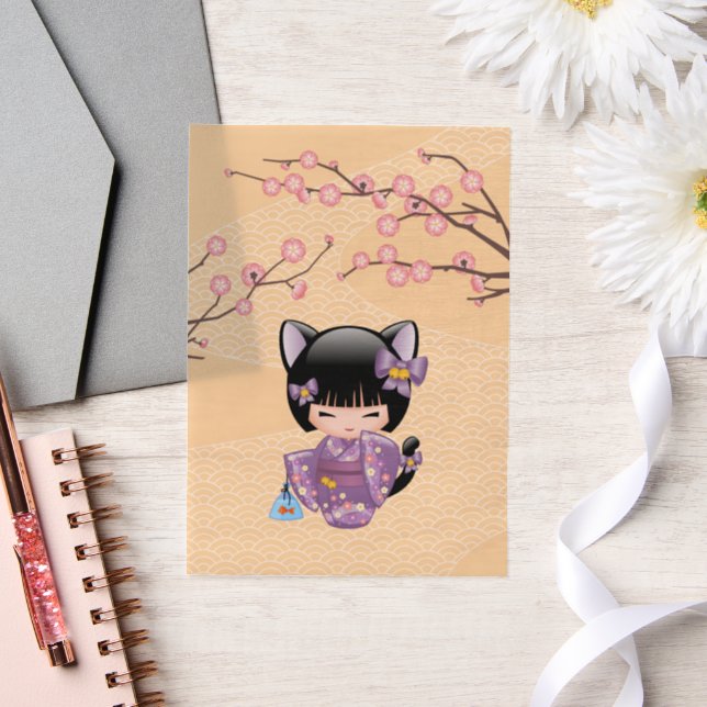 Neko Kokeshi Cat Ears Geisha Girl Yellow Insert Vellum Invitations (Wedding)