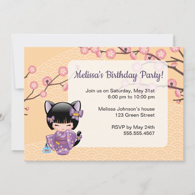 Neko Kokeshi Doll - Cat Ears Geisha Birthday Party Invitation (Front)