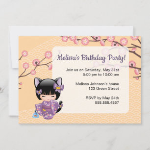 Neko Kokeshi Doll - Cat Ears Geisha Birthday Party Invitation