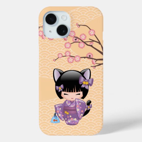 Neko Kokeshi Doll _ Cat Ears Geisha Girl iPhone 15 Case