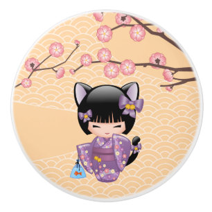 Neko Kokeshi Doll - Cat Ears Geisha Girl Ceramic Knob