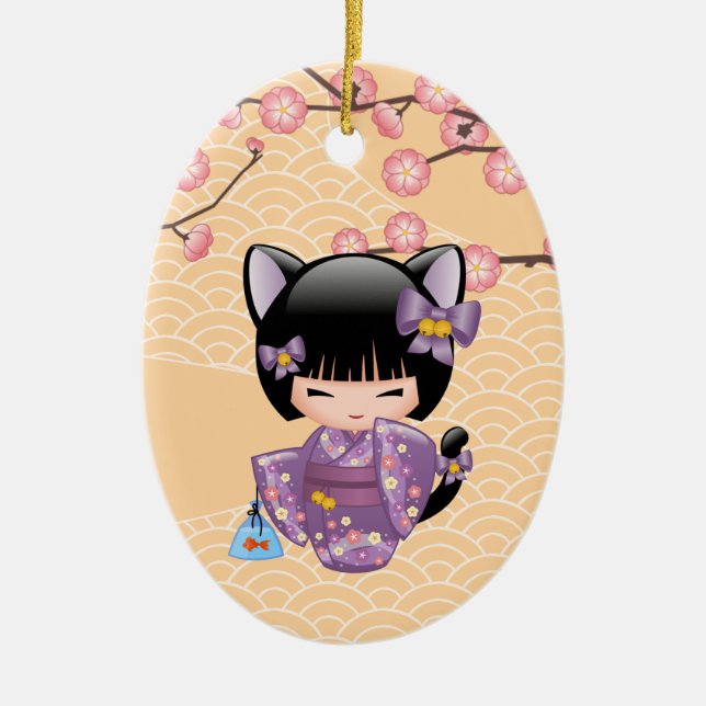 Neko Kokeshi Doll - Cat Ears Geisha Girl Ceramic Ornament (Front)