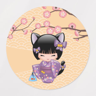 Neko Kokeshi Doll - Cat Ears Geisha Girl Kids' Labels
