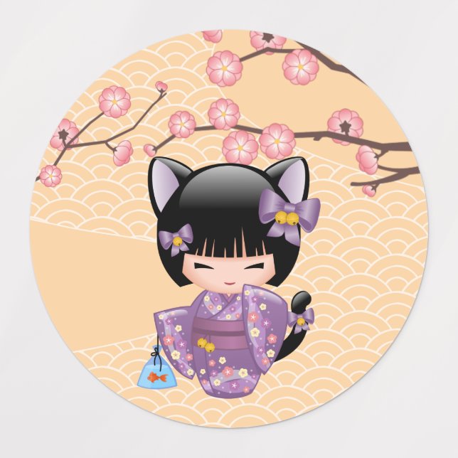 Neko Kokeshi Doll - Cat Ears Geisha Girl Kids' Labels (Design 1)