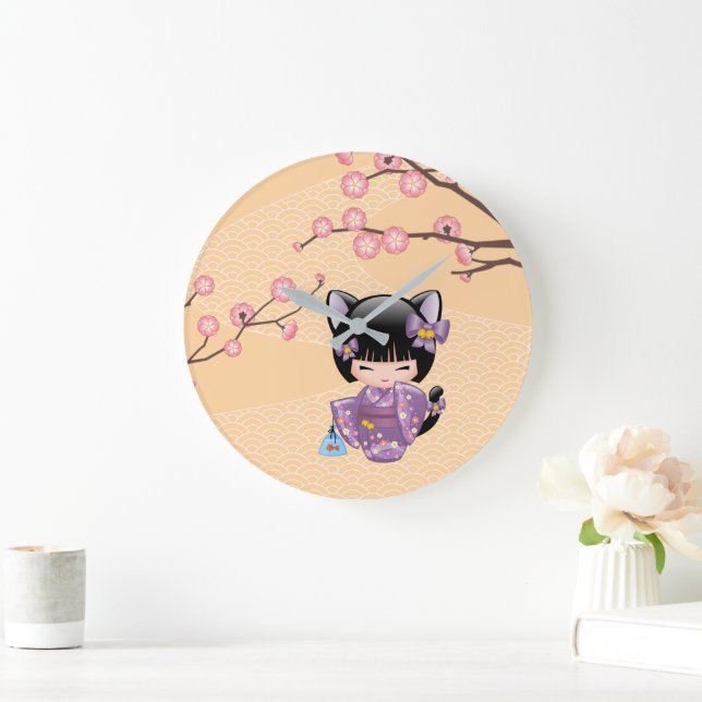 Neko Kokeshi Doll - Cat Ears Geisha Girl Large Clock (Home)