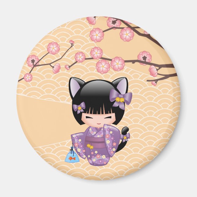 Neko Kokeshi Doll - Cat Ears Geisha Girl Magnet (Front)