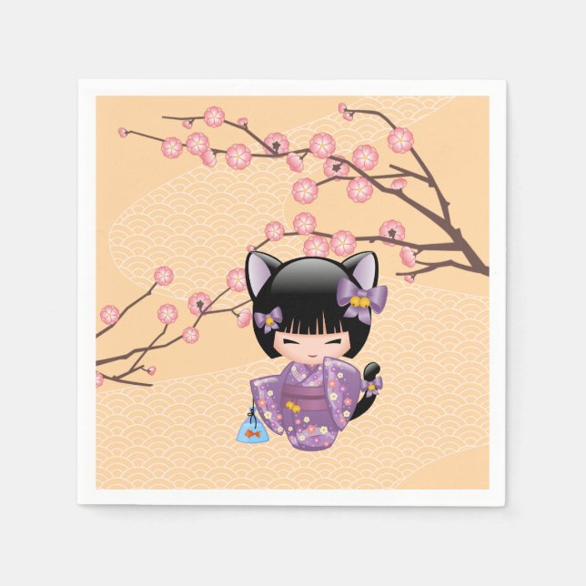 Neko Kokeshi Doll - Cat Ears Geisha Girl Napkins (Front)