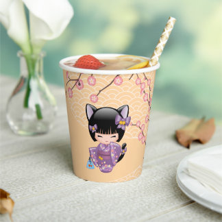 Neko Kokeshi Doll - Cat Ears Geisha Girl Paper Cups
