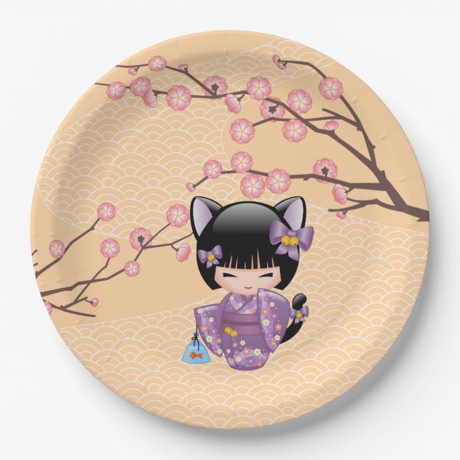 Neko Kokeshi Doll - Cat Ears Geisha Girl Paper Plates (Front)
