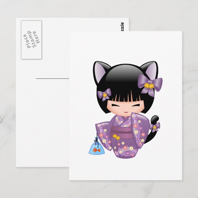 Neko Kokeshi Doll - Cat Ears Geisha Girl Postcard (Front/Back)