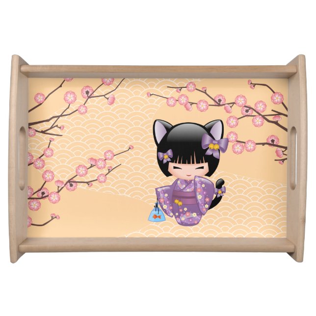 Neko Kokeshi Doll - Cat Ears Geisha Girl Serving Tray (Front)