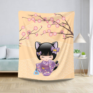 Neko Kokeshi Doll - Cat Ears Geisha Girl Sherpa Blanket