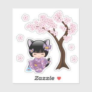 Neko Kokeshi Doll - Cat Ears Geisha Girl Sticker
