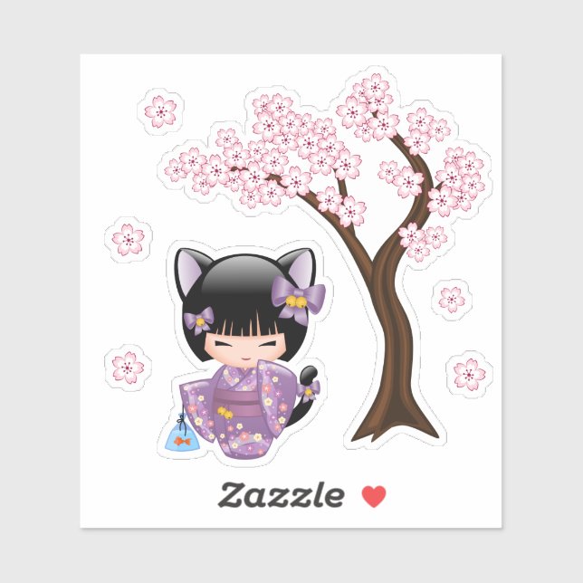 Neko Kokeshi Doll - Cat Ears Geisha Girl Sticker (Sheet)