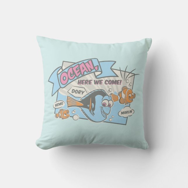 Nemo, Dory & Marlin | Ocean Here we Come Throw Pillow (Front)