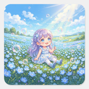 Nemophila flowers, soap bubbles, and a girl square sticker