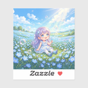 Nemophila flowers, soap bubbles, and a girl sticker