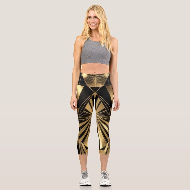 Neo Art Deco Black Gold Geometric Gatsby  Capri Leggings (Front)