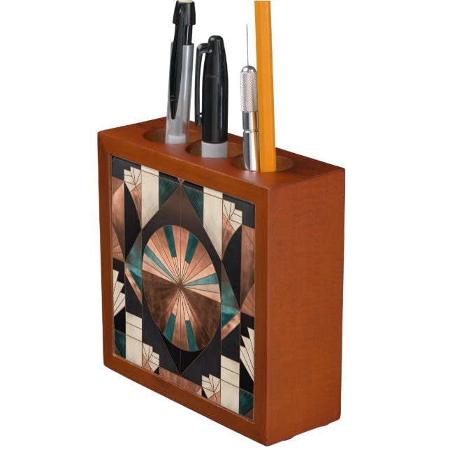 Neo Art Deco Geometric Teal Copper Gold Sunburst Desk Organizer (In Situ)