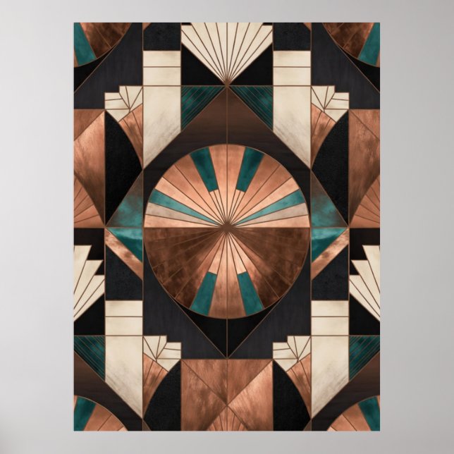  Neo Art Deco Geometric Teal Copper Gold Sunburst Poster (Front)