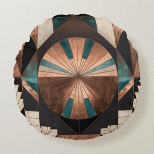Neo Art Deco Geometric Teal Copper Gold Sunburst Round Pillow