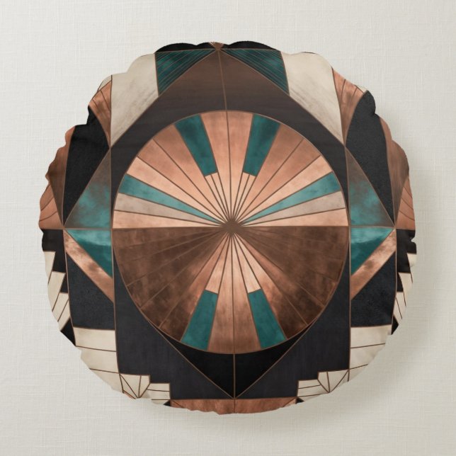 Neo Art Deco Geometric Teal Copper Gold Sunburst Round Pillow (Front)