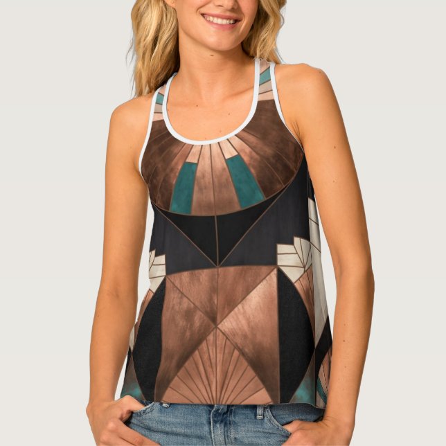Neo Art Deco Geometric Teal Copper Gold Sunburst Tank Top (Front)