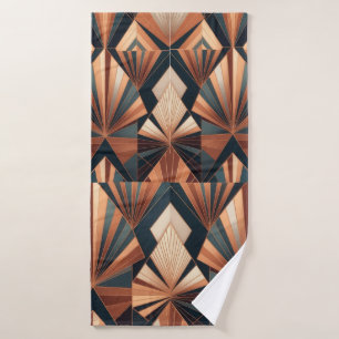 Neo Art Deco Teal Copper Geometric Sunburst Bath Towel Set
