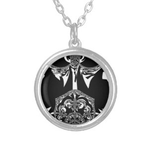 Neo-Baroque Noir Abstract Minimalist Designer Blac Silver Plated Necklace