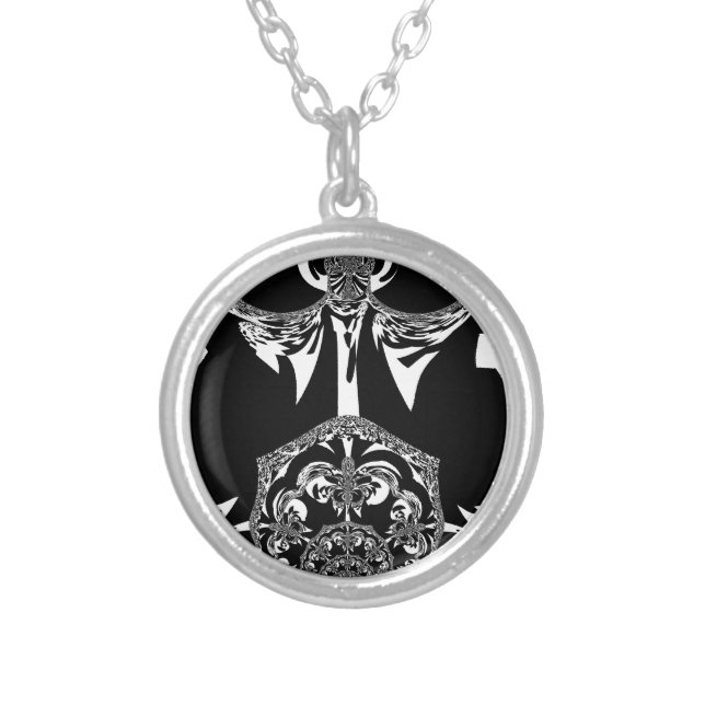 Neo-Baroque Noir Abstract Minimalist Designer Blac Silver Plated Necklace (Front)