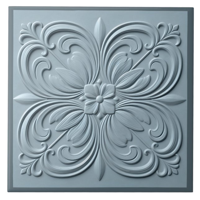 Neo Classical Floral Blue Gray Faux Relief  Ceramic Tile (Front)