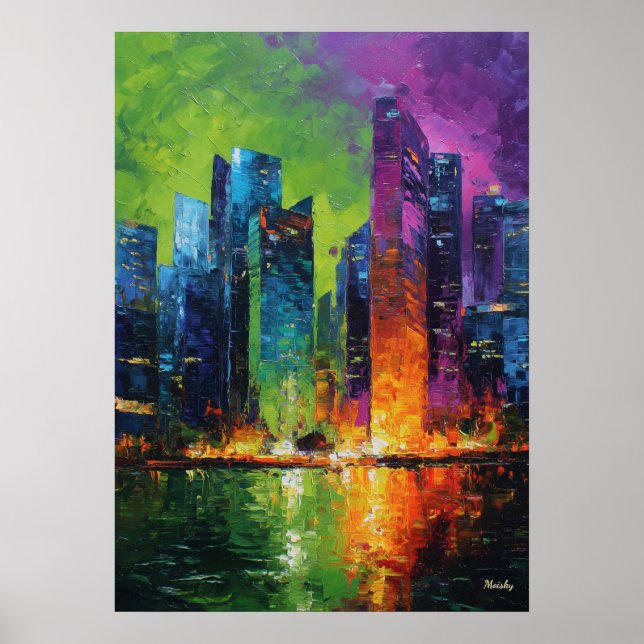 Neo Expressionist Singapore Skyline Vibrant Sunset Poster (Front)