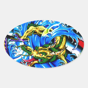 Neo Jap Dragon Tattoo Oval Sticker