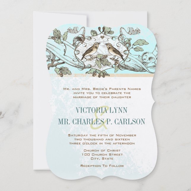 Neo Mint Birds Oak Tree Forest Wedding Invitation (Back)