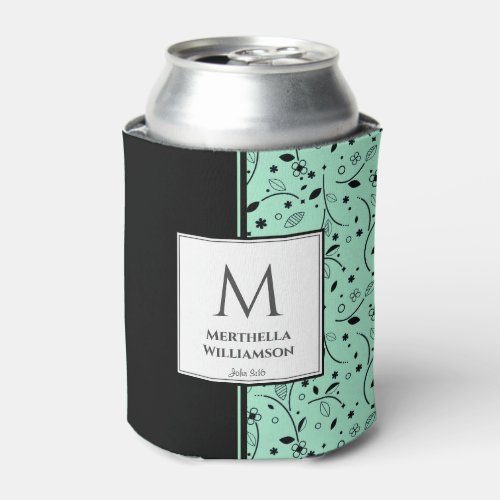 NEO MINT BLACK Floral Custom Monogram Keepsake Can Cooler