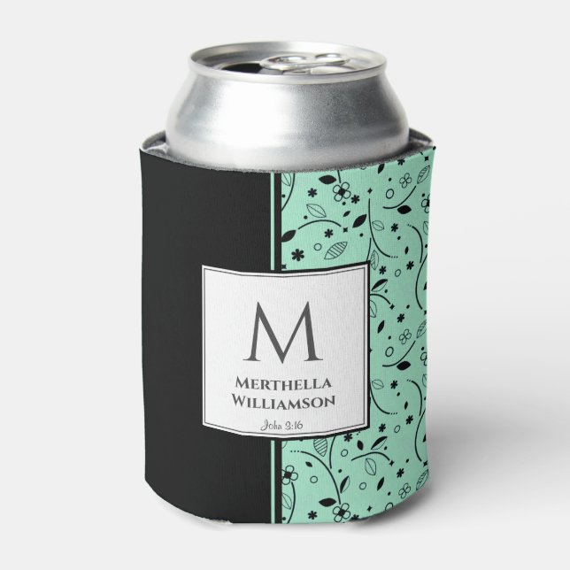 NEO MINT BLACK Floral Custom Monogram Keepsake Can Cooler (Can Front)