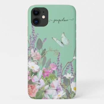 Neo Mint Blue Butterfly Lavender Floral Botanical Iphone 11 Case by VintageWeddings at Zazzle