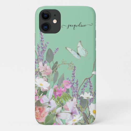 Neo Mint Blue Butterfly Lavender Floral Botanical iPhone 11 Case
