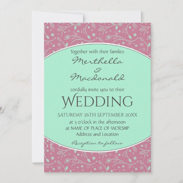 NEO MINT DUSKY PINK Elegant Modern Floral WEDDING Invitation (Front)