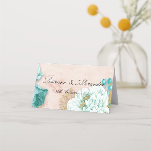 Neo Mint Floral Boho Wedding Place Card