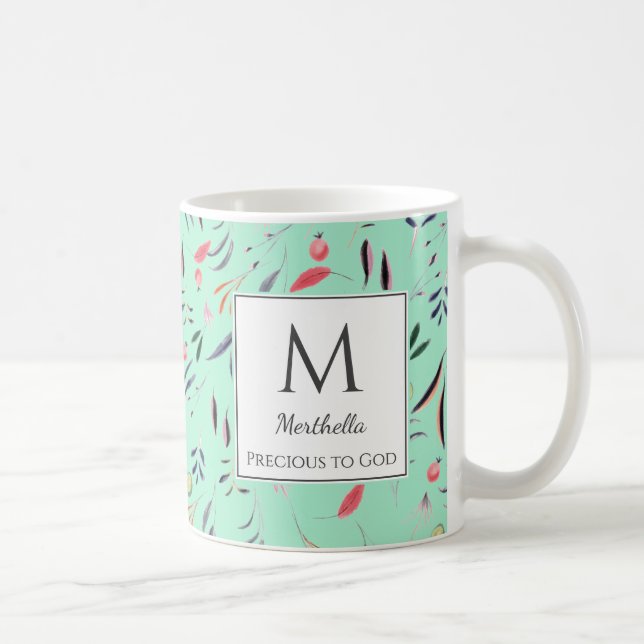 Neo Mint Floral PRECIOUS TO GOD Custom MONOGRAM Coffee Mug (Right)