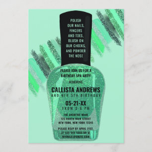 Neo Mint Glitter Nail Polish Spa Day Birthday Invitation