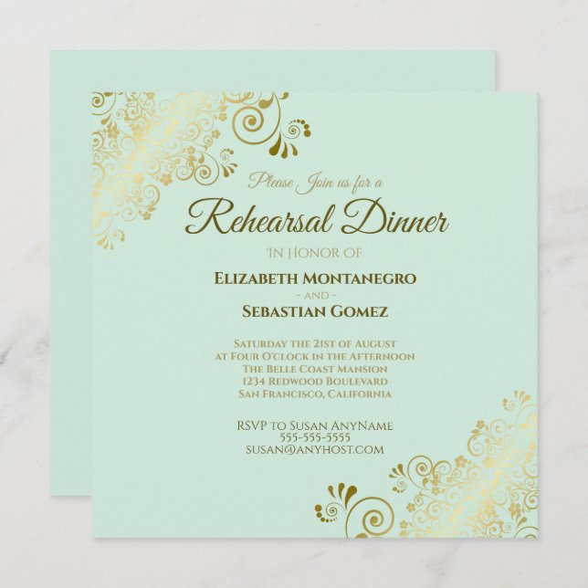 Neo Mint & Gold Wedding Rehearsal Dinner Square Invitation (Front/Back)