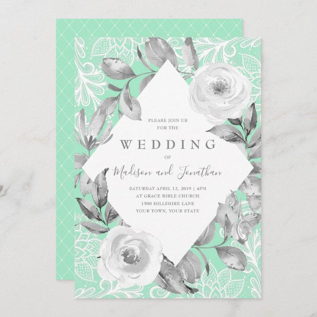 Neo Mint Gray Floral Lace Wedding Invitation (Front/Back)